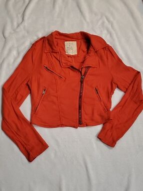 Free People Lovely In Linen Red Cropped Moto Jacket